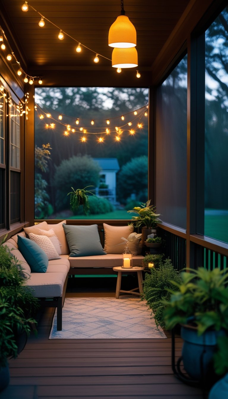 A screened-in porch with warm pendant and string lights, comfortable seating, plants, and a view of a garden through the screen.
