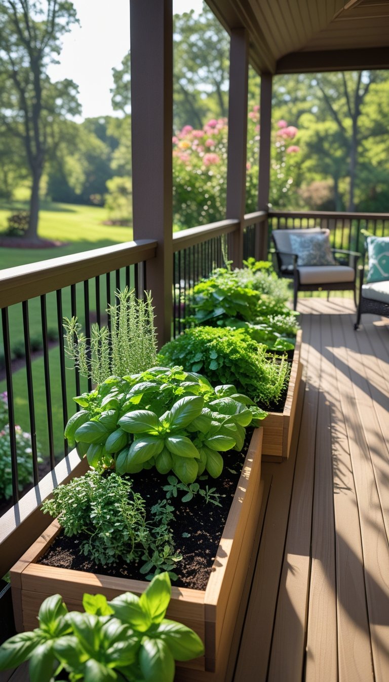 Outdoor wooden deck with an integrated herb garden in the railing and a screened porch with seating.