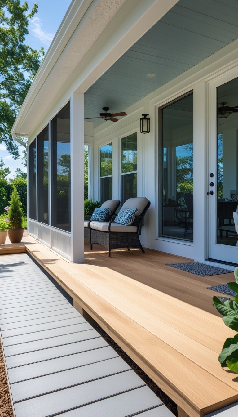 Outdoor living space showing a smooth flooring transition between a screened porch and an open deck with seating and plants.
