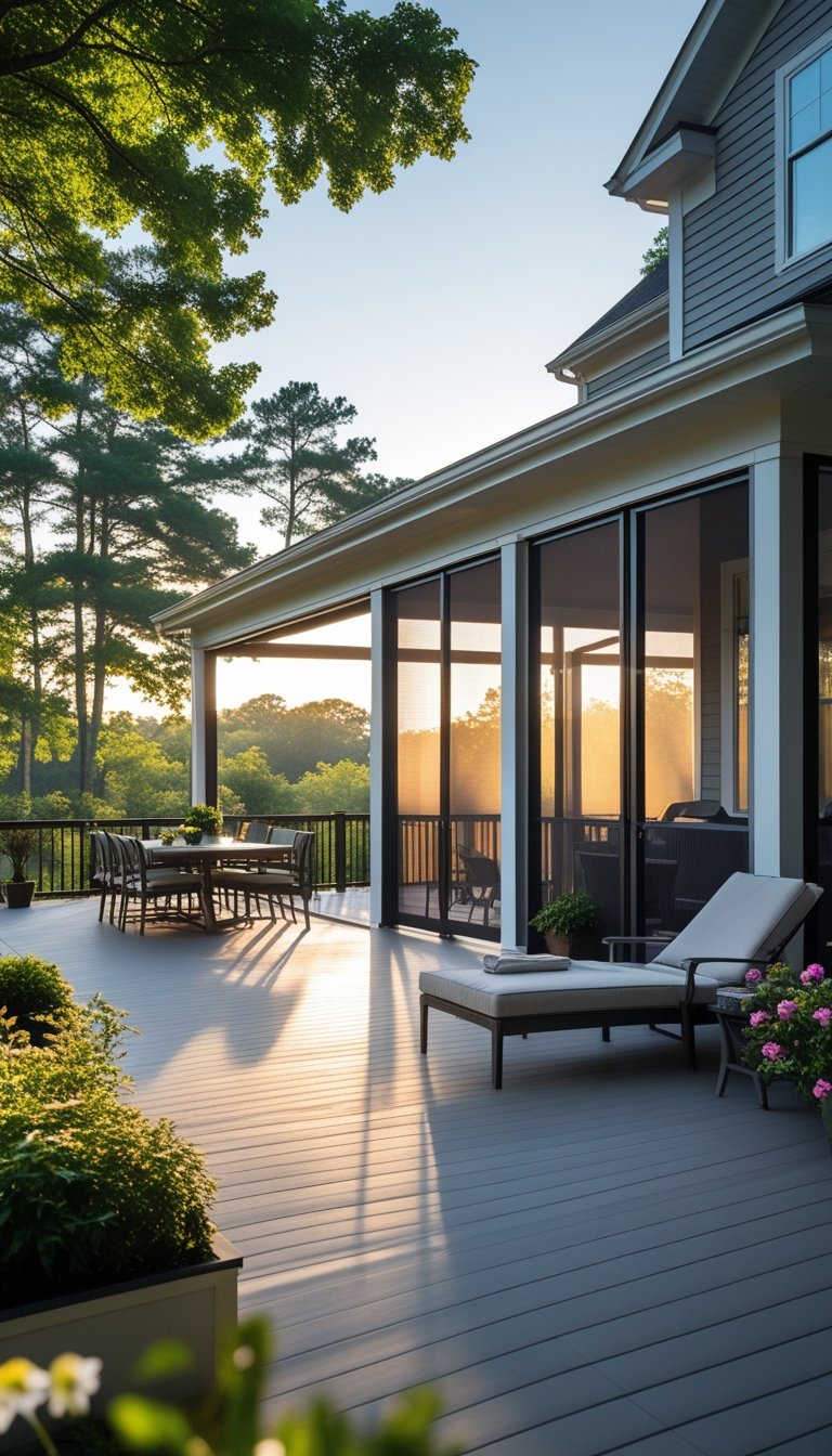 A modern home with a deck and screened porch connected by partially open retractable screens, surrounded by greenery and outdoor furniture.
