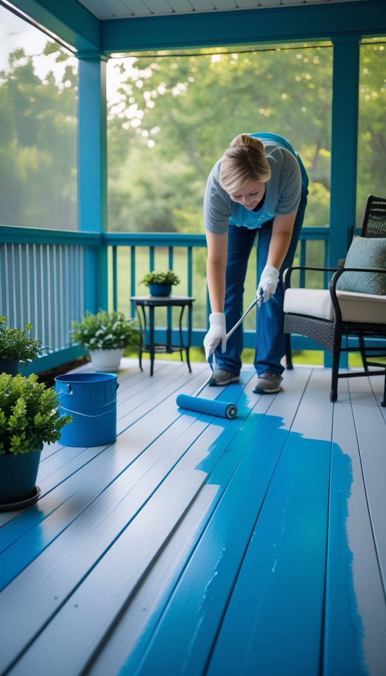 A person painting the floor of a screened-in porch with bright porch paint, surrounded by outdoor furniture and plants.
