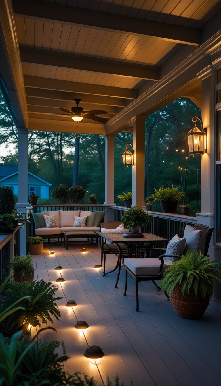 An outdoor space combining a screened-in porch and an open deck, both softly illuminated with various outdoor lights, featuring seating and dining areas surrounded by plants.