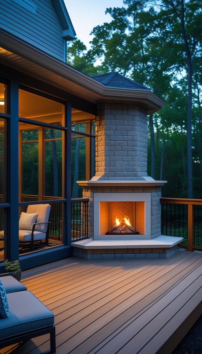 Outdoor corner fireplace on a wooden deck next to a screened porch with outdoor furniture and surrounding greenery.