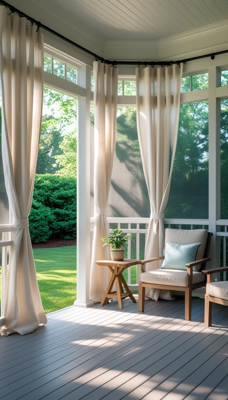 Screened-in porch with retractable linen curtains, comfortable seating, and a view of a green garden outside.