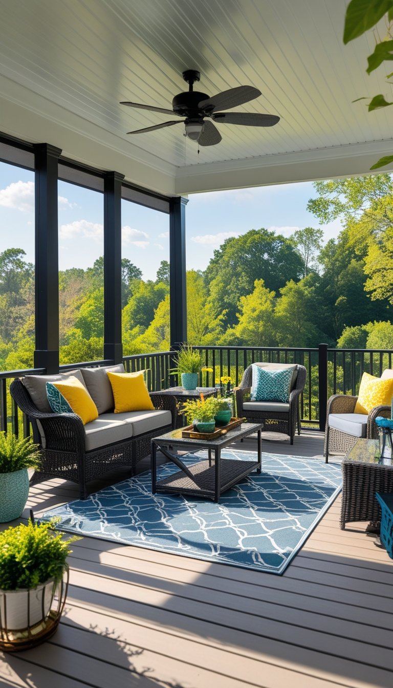 Outdoor living space split into a screened-in porch with wicker furniture and an open wooden deck with modern seating under natural daylight.