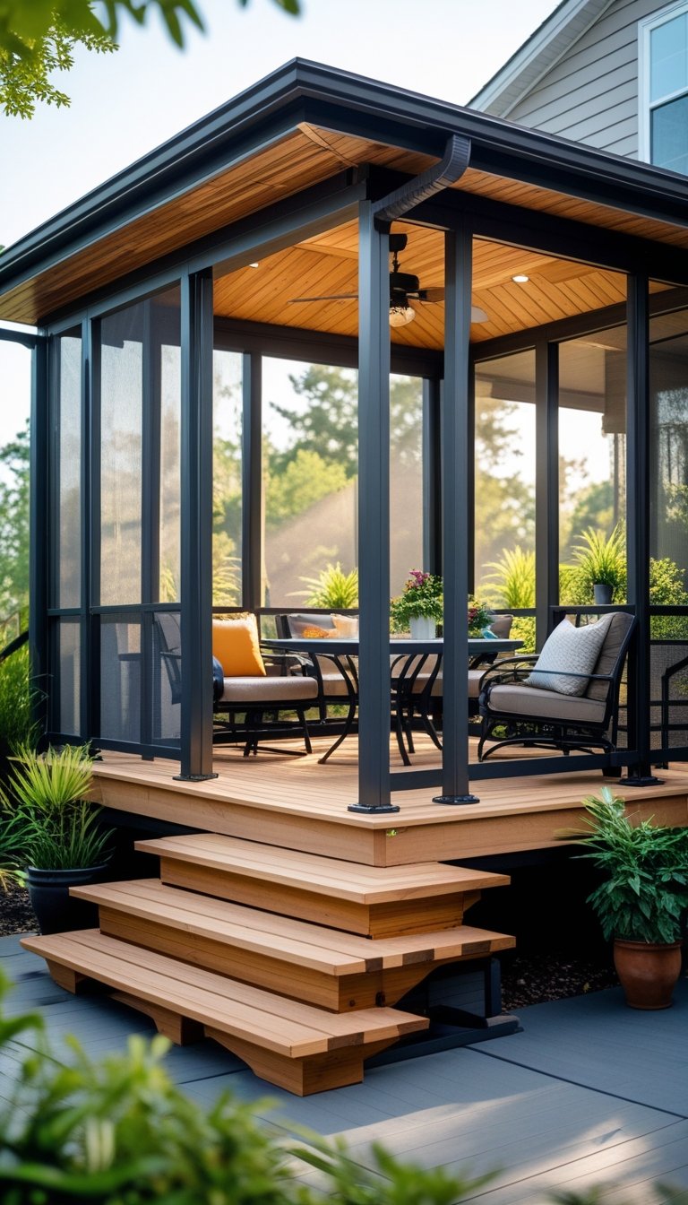 An outdoor deck and screened porch combination with wooden flooring and metal railings, furnished with chairs and a dining table, surrounded by plants and greenery.