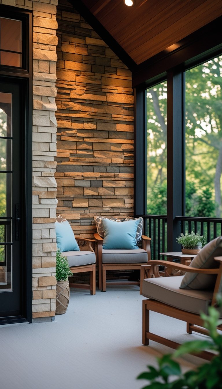 A screened-in porch with a stone or wood accent wall, outdoor seating, and greenery visible through the screen.