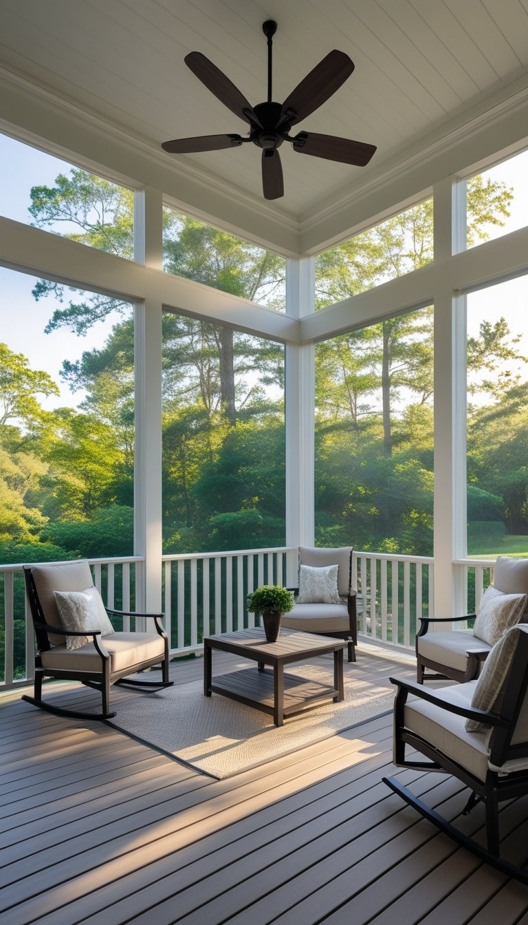 A screened porch with floor-to-ceiling windows letting in natural light, featuring outdoor furniture and greenery outside.