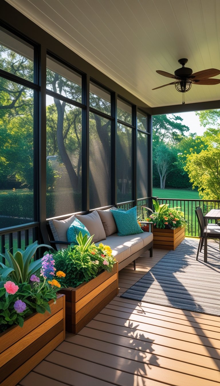 Outdoor space with a screened porch and deck separated by wooden planter boxes filled with plants and flowers.