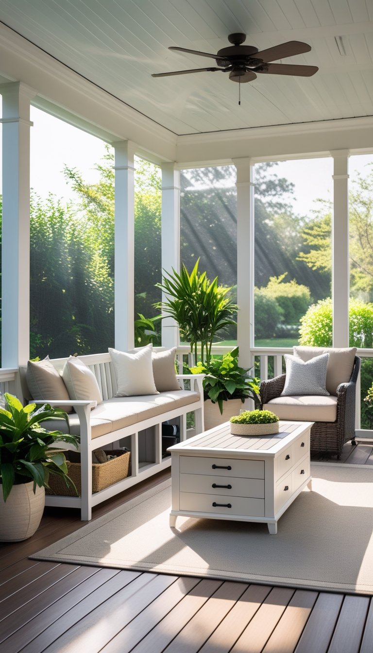 A screened-in porch with cushioned bench and coffee table that have built-in storage, surrounded by plants and natural light.