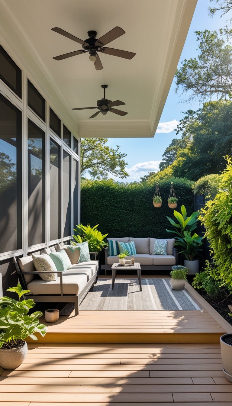 Outdoor living space with a screened porch connected to an open wooden deck surrounded by greenery.