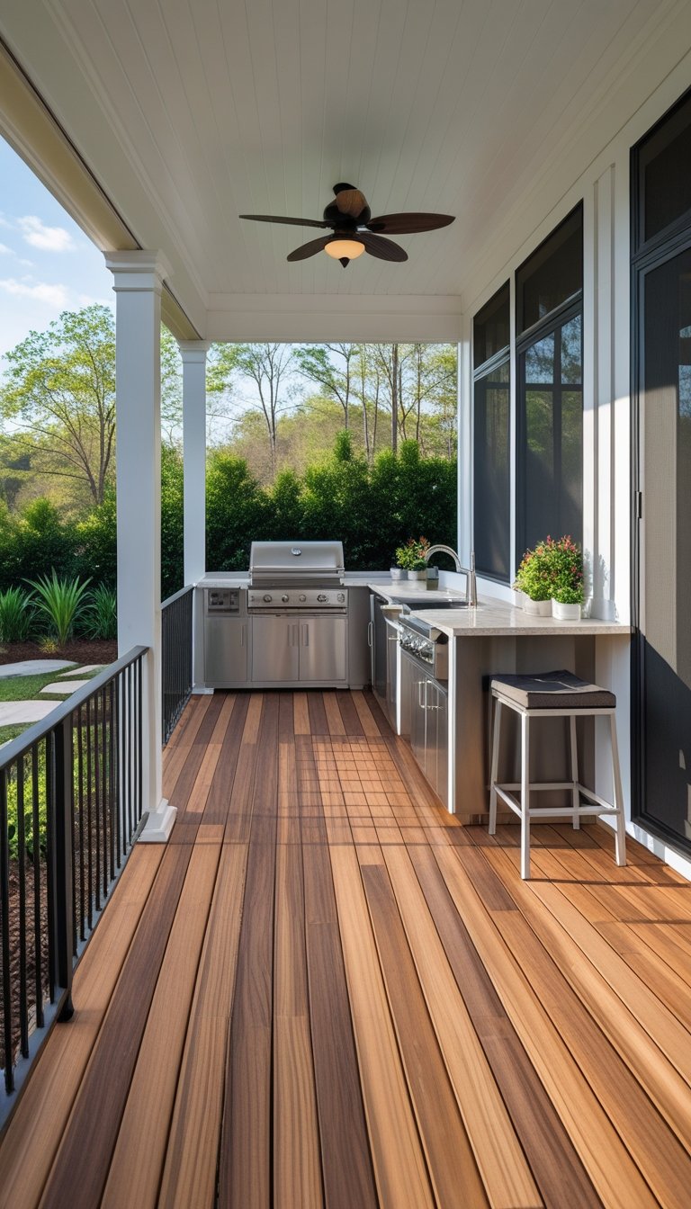An outdoor kitchen on a wooden deck connected to a screened porch with seating and plants.