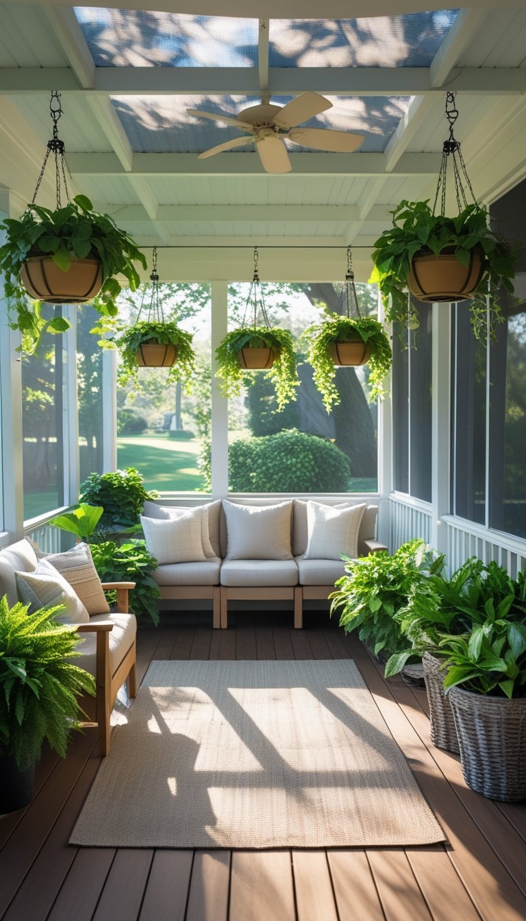 Screened-in porch with hanging planters full of green plants and comfortable seating.