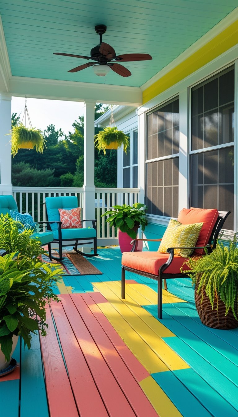 An outdoor porch with brightly painted wooden floors, comfortable seating, plants, and a screened porch area in the background.