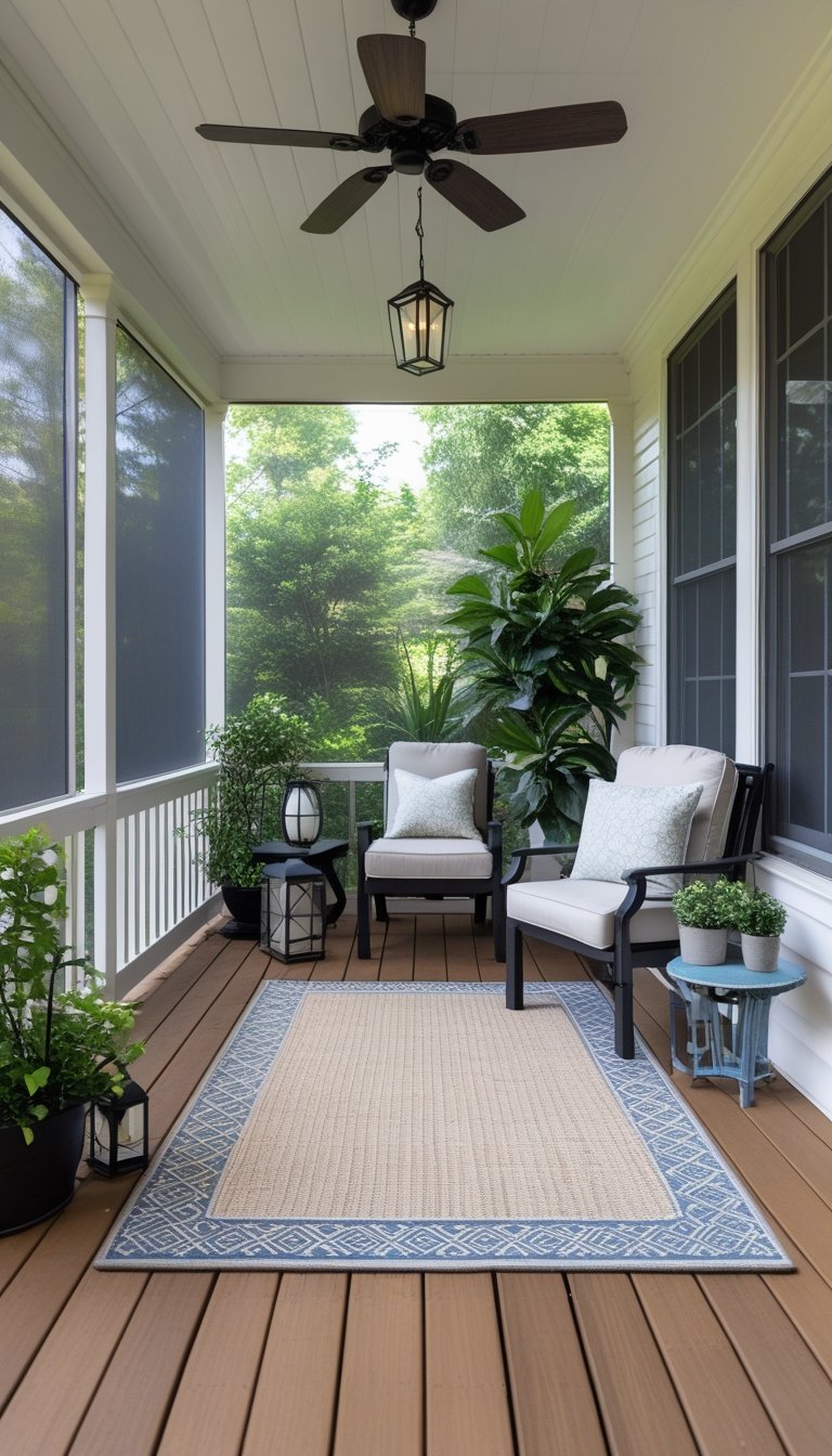 A screened-in porch with a small outdoor rug on the wooden floor, surrounded by comfortable chairs and green plants.