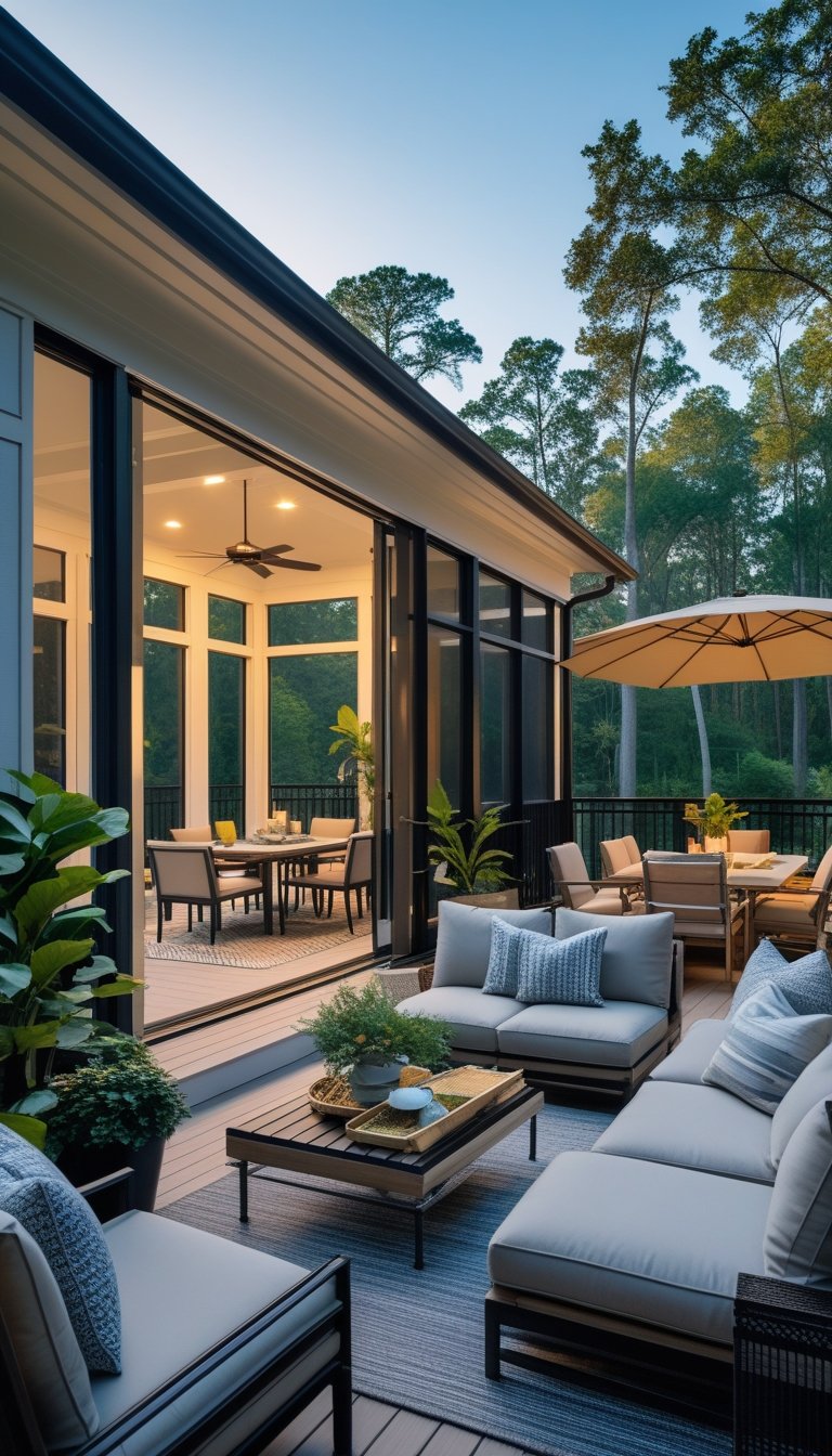 A spacious room with a lounging area and dining table next to a deck and screened porch with outdoor seating.