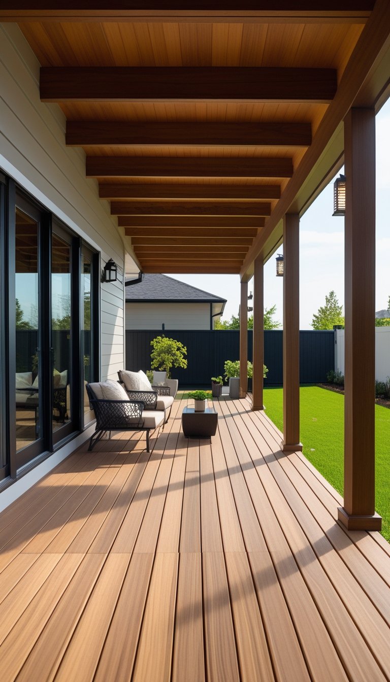 A covered wooden deck attached to the back of a house with outdoor seating and plants.