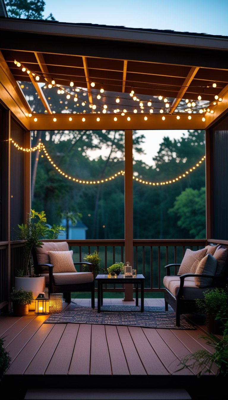 A deck and screen porch with string lights hanging from the ceiling, outdoor seating, and plants.