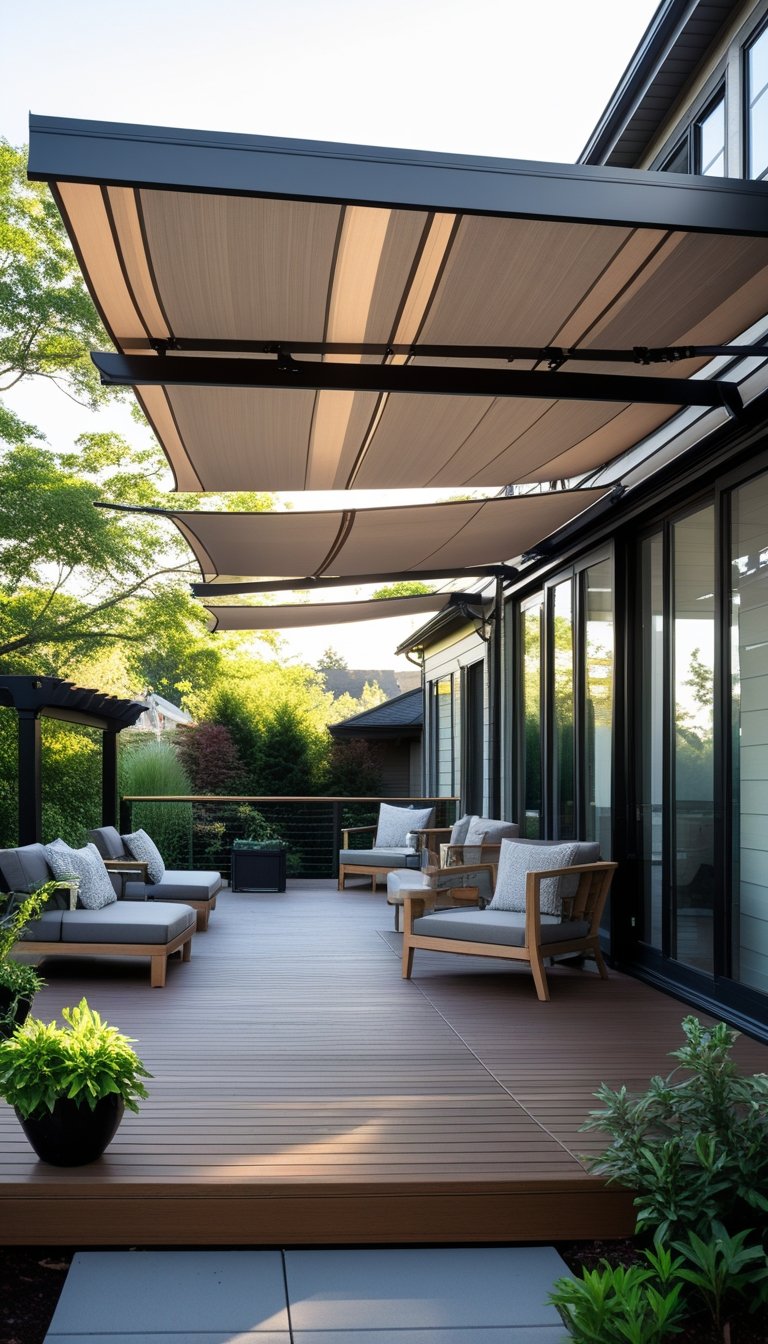 A covered deck attached to the back of a house with a wooden pergola and a partially extended retractable canopy providing shade, furnished with outdoor seating and surrounded by plants.