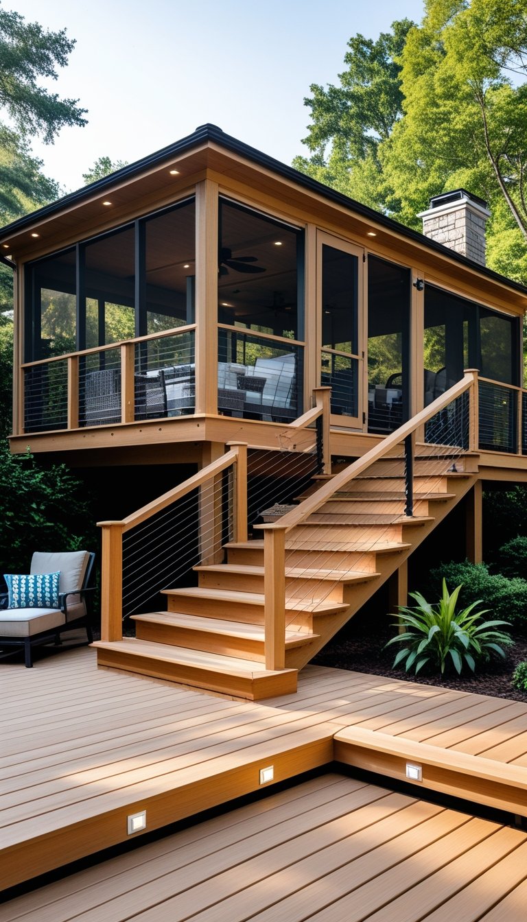 Raised wooden deck with steps leading into a screened porch surrounded by greenery.