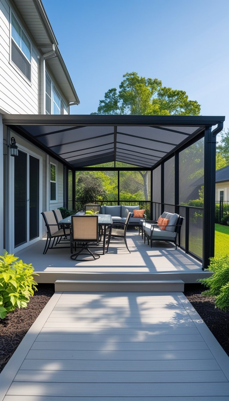 A screened covered deck attached to the back of a house with outdoor furniture and greenery surrounding it.