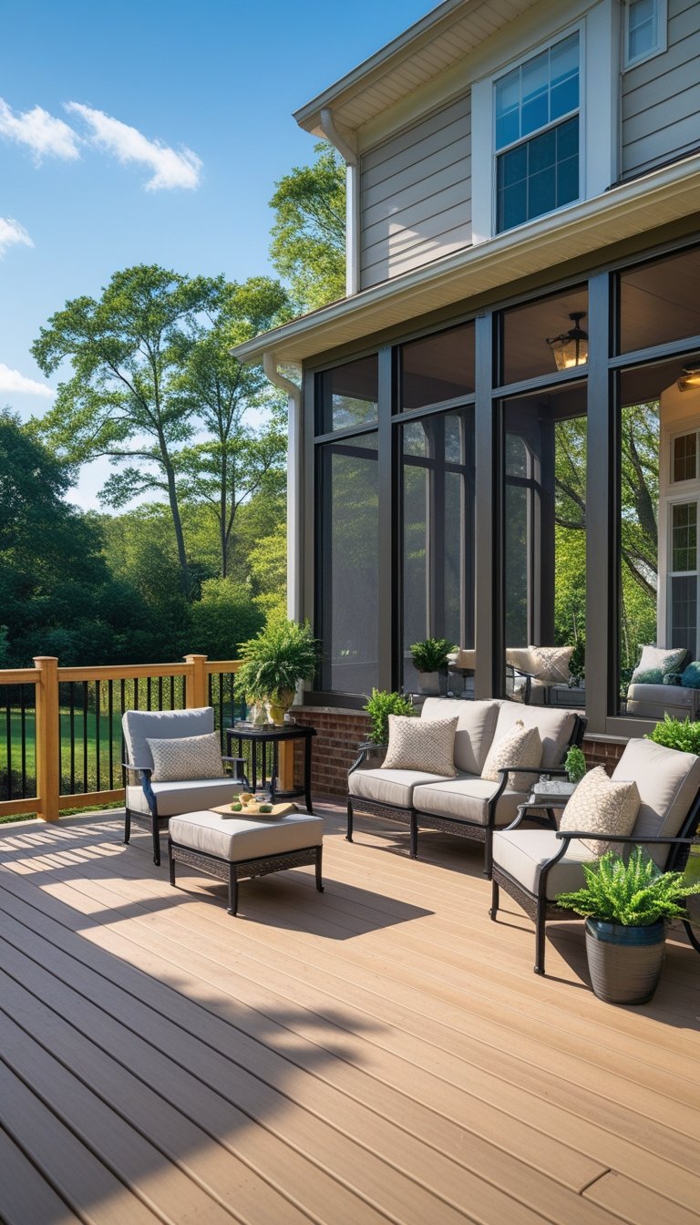 Outdoor living space with a wooden deck and adjacent screened porch surrounded by greenery.