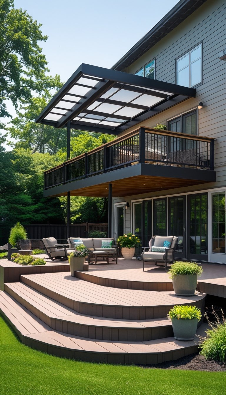 Multi-level wooden deck with partial roofing attached to the back of a house, surrounded by a green backyard.