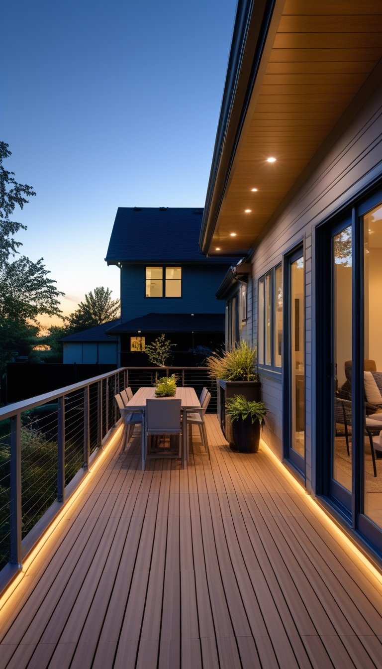 Covered wooden deck attached to the back of a house with built-in LED lighting and outdoor furniture.