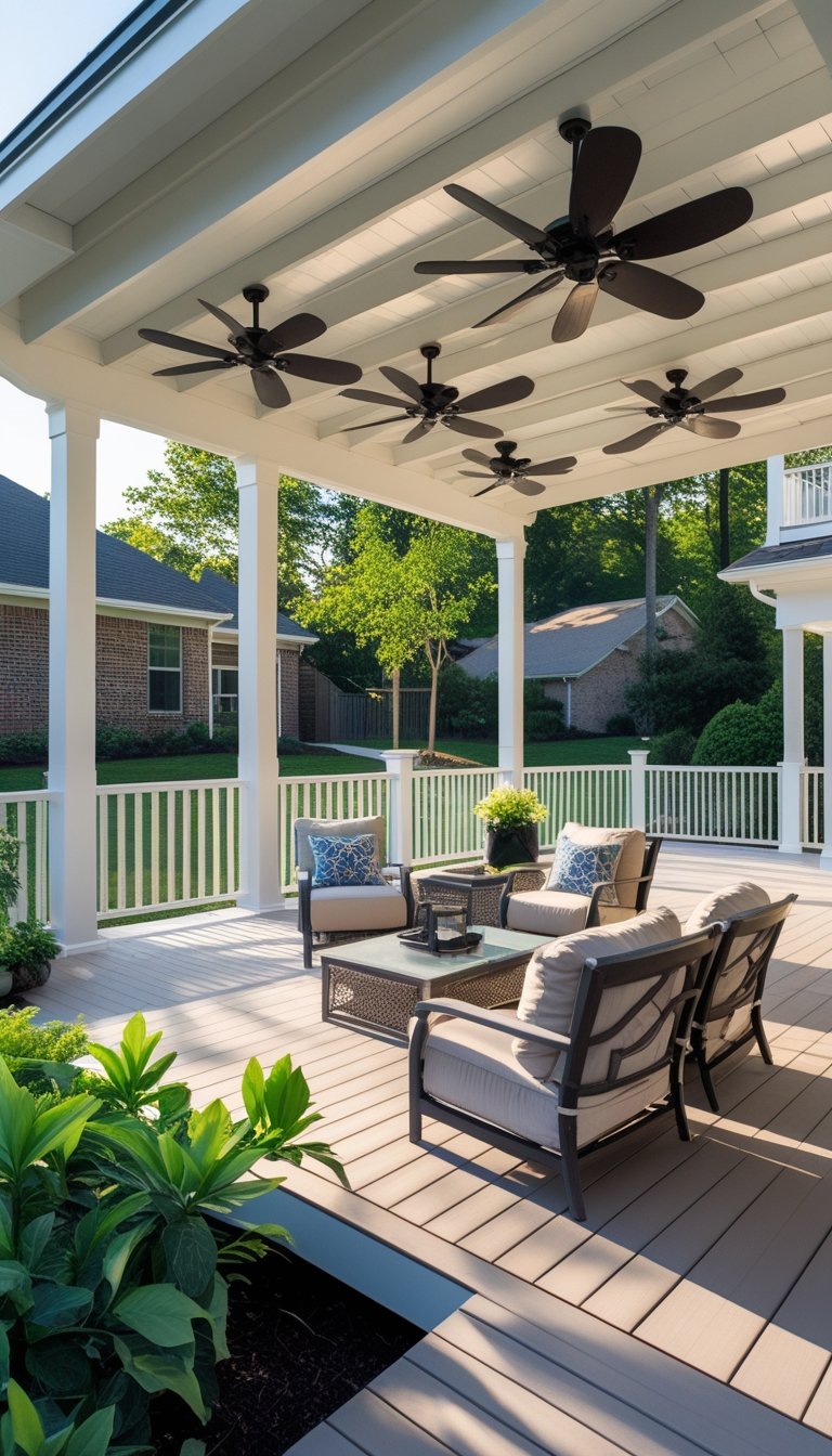 A covered deck attached to the back of a house with ceiling fans and outdoor seating overlooking a backyard.