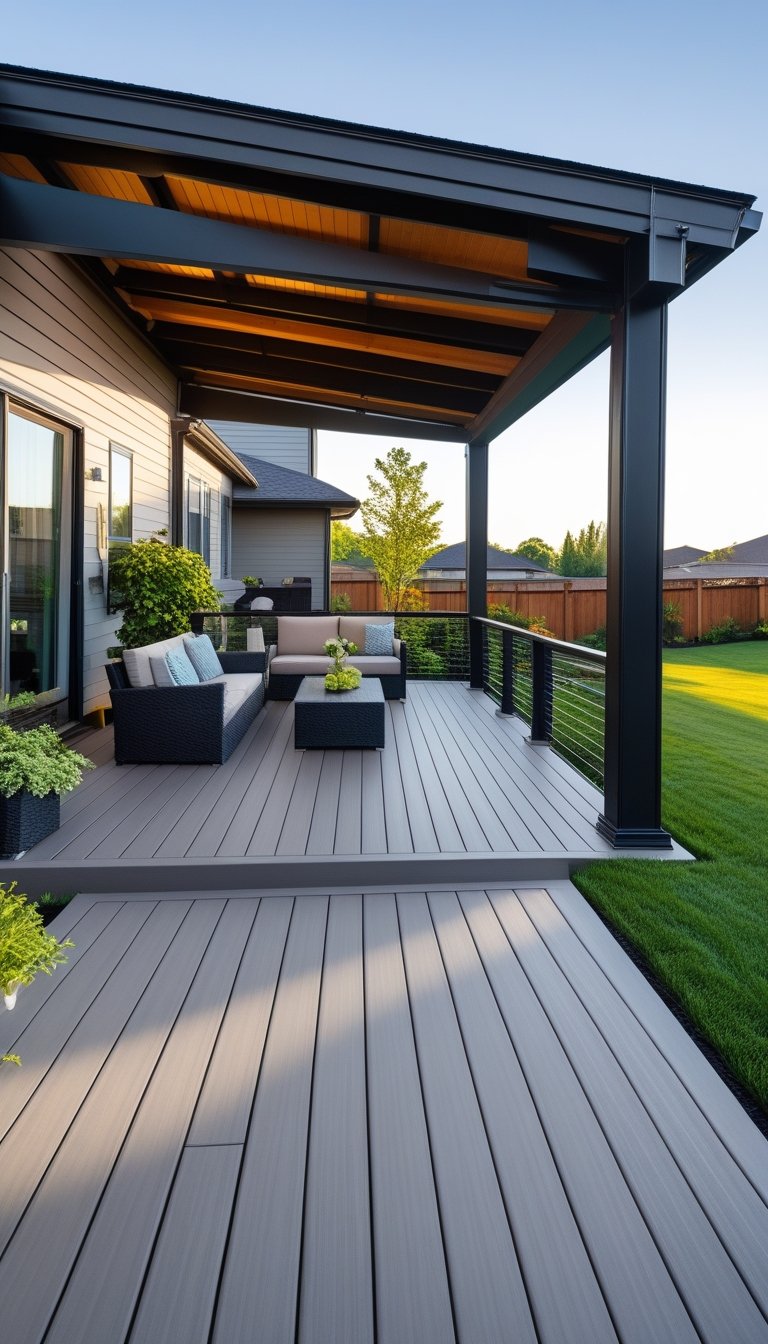 A covered deck attached to the back of a house with outdoor furniture and plants in a backyard.
