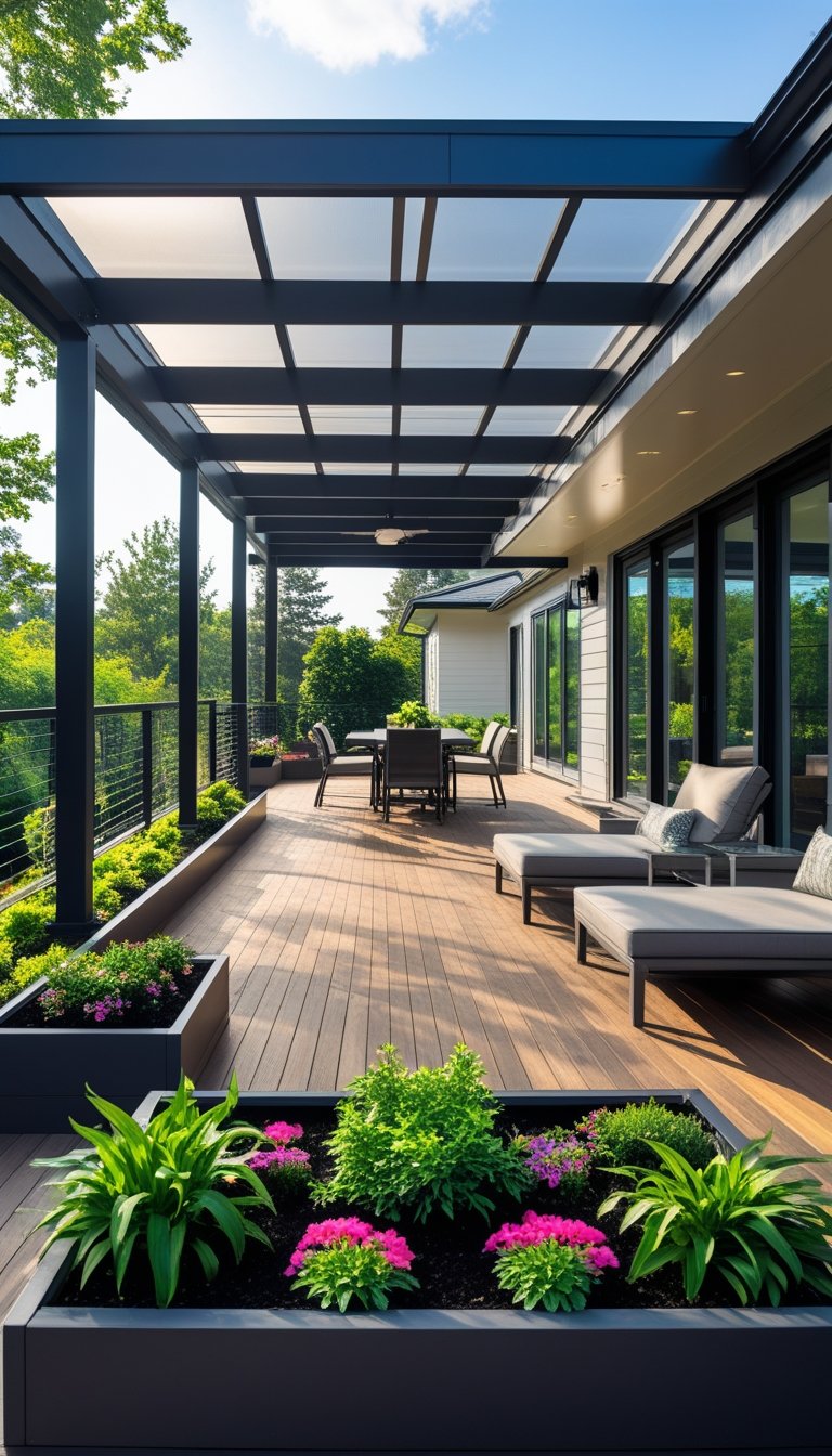 Covered wooden deck attached to the back of a house with built-in planter boxes filled with plants and outdoor furniture.