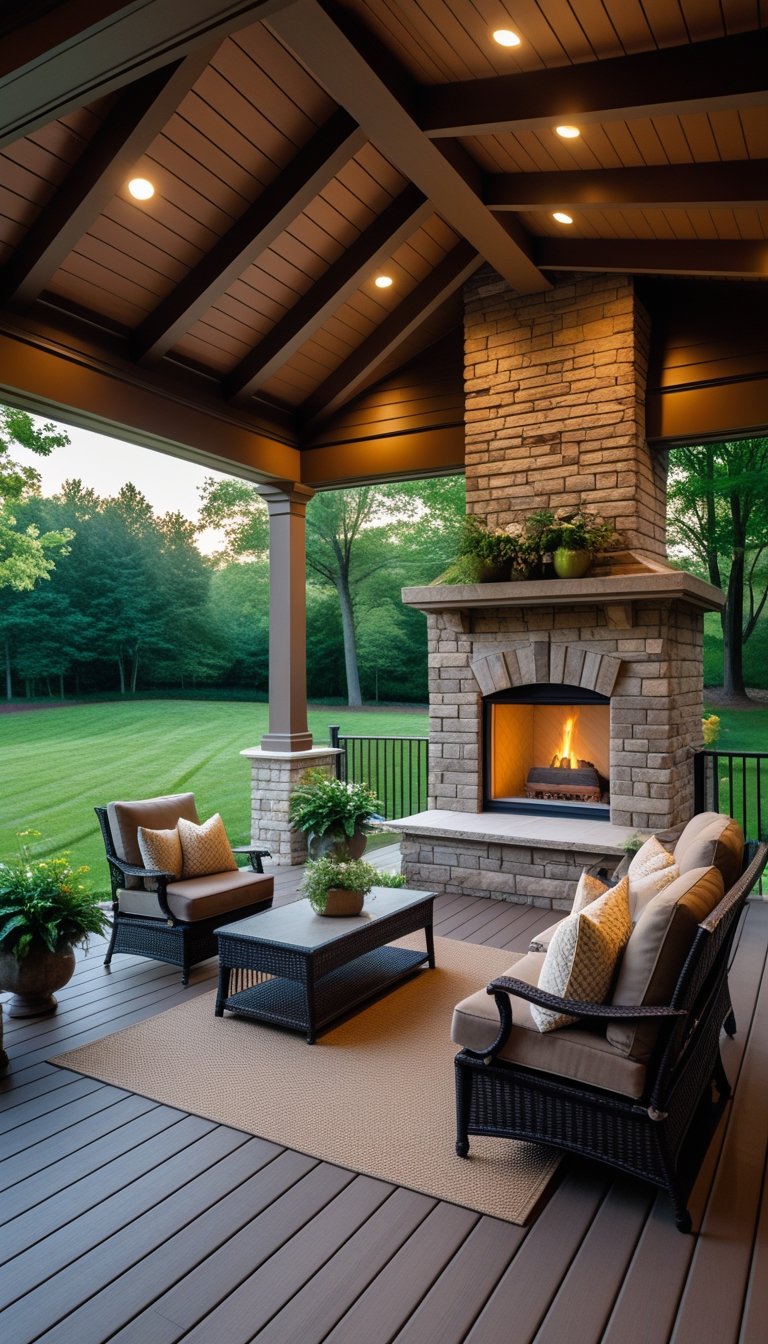 Covered porch with outdoor fireplace, seating area, and wooden decking overlooking a backyard.
