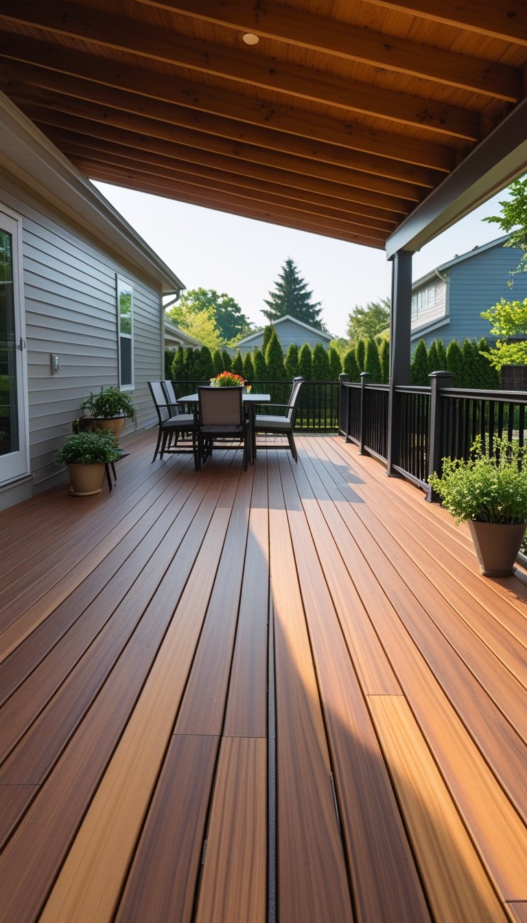 A covered wooden deck attached to the back of a house with outdoor furniture and plants.