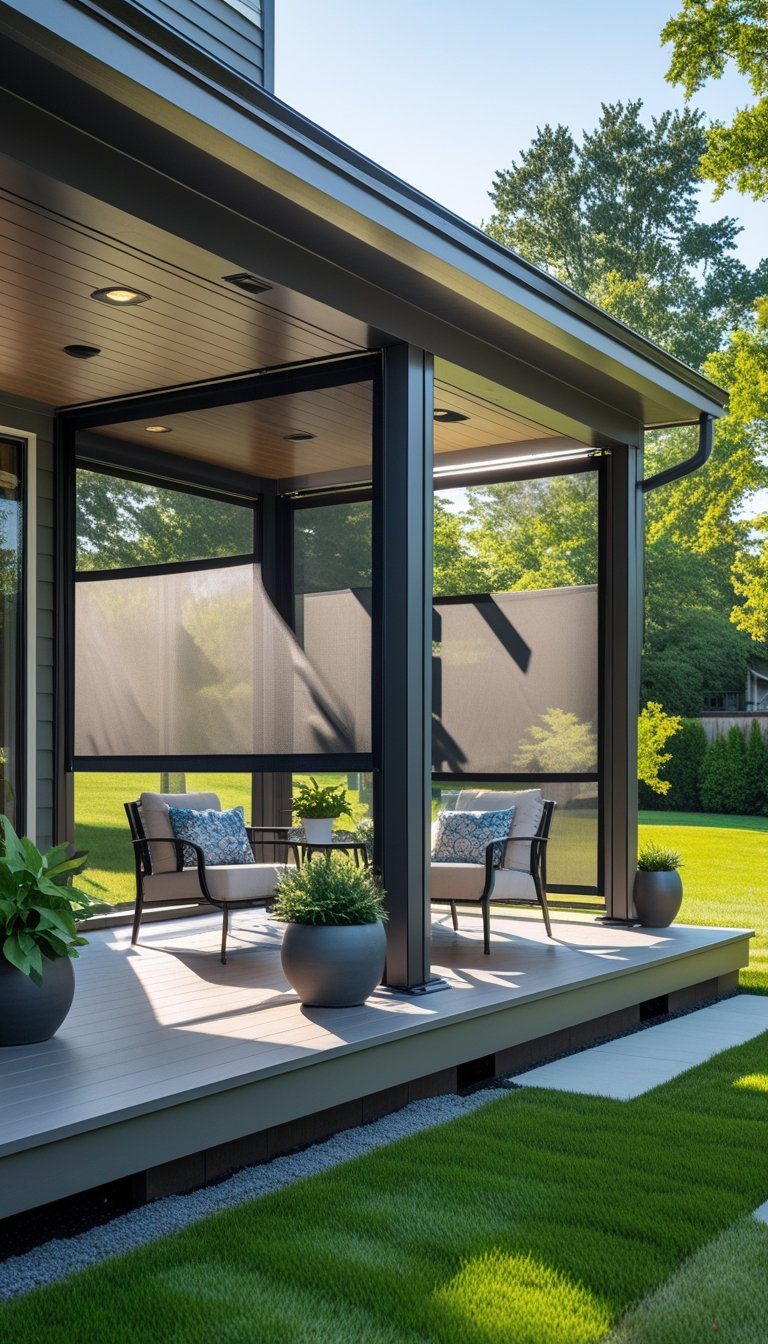 Covered deck at the back of a house with roll-down weatherproof screens and outdoor furniture overlooking a garden.