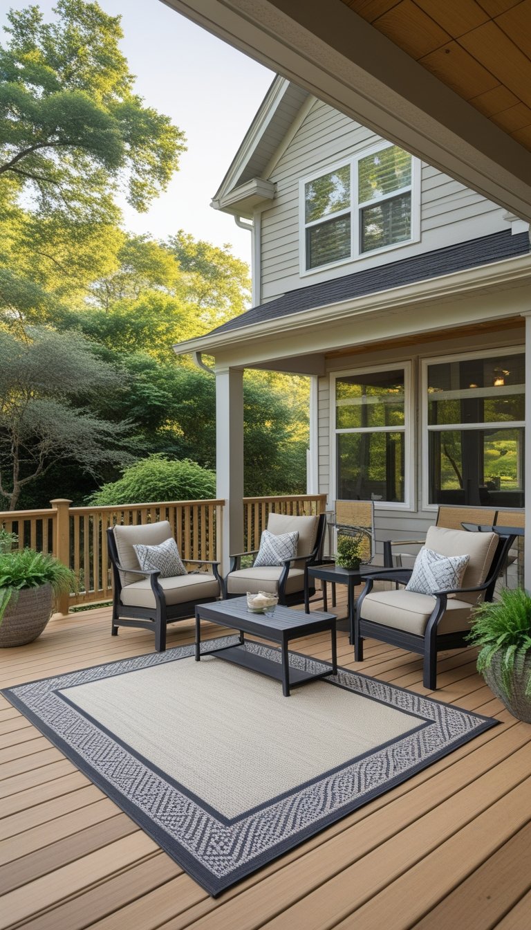 Covered deck at the back of a house with outdoor furniture and a large rug, surrounded by greenery.