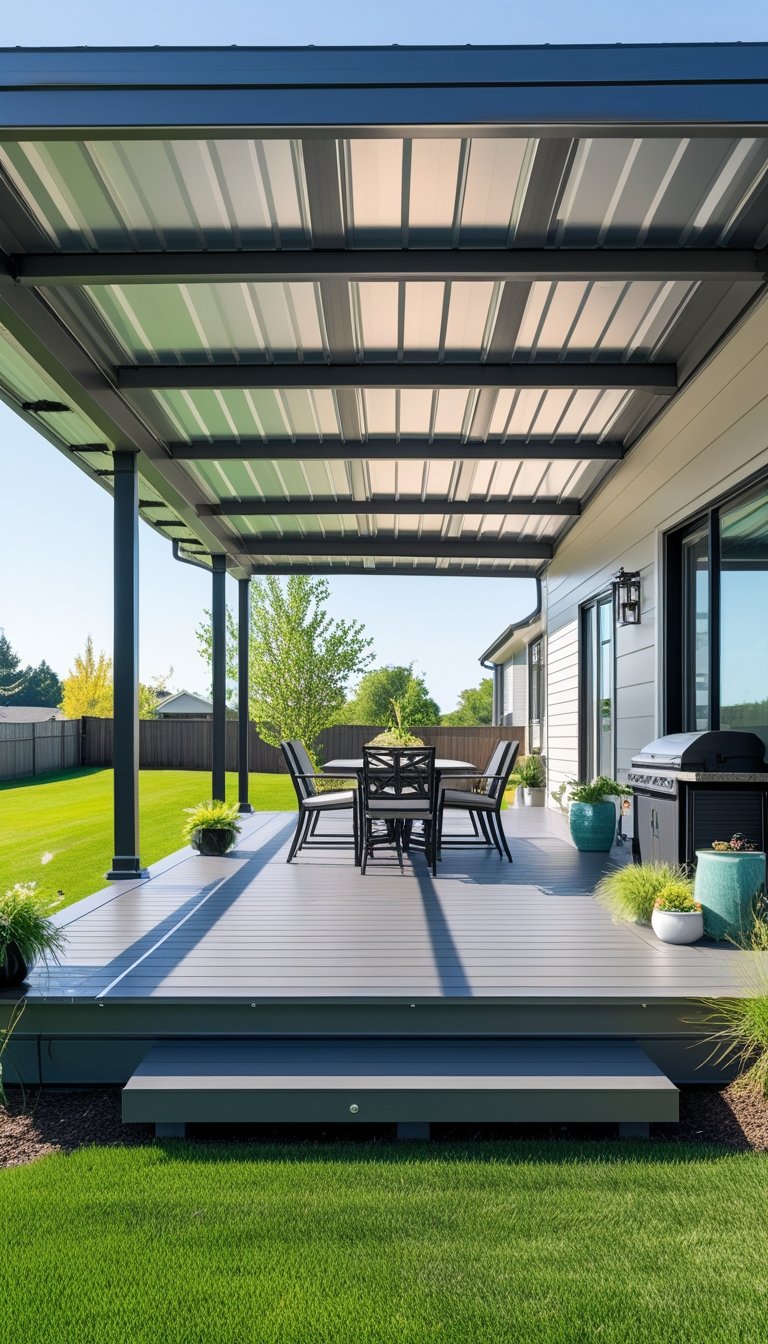 A covered deck with a metal roof attached to the back of a house, furnished with outdoor seating and surrounded by a green backyard.