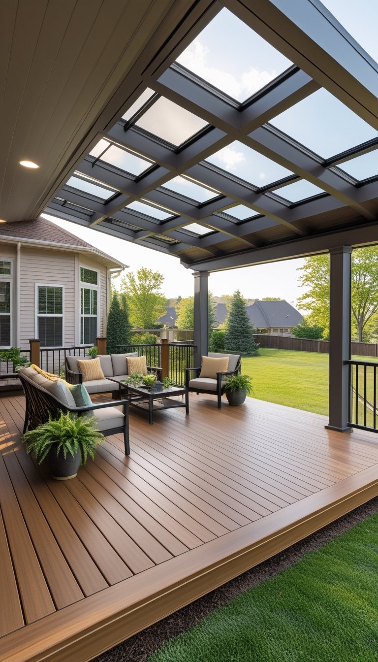 A covered deck attached to the back of a house with skylights letting in natural light, outdoor furniture, and a view of a backyard.
