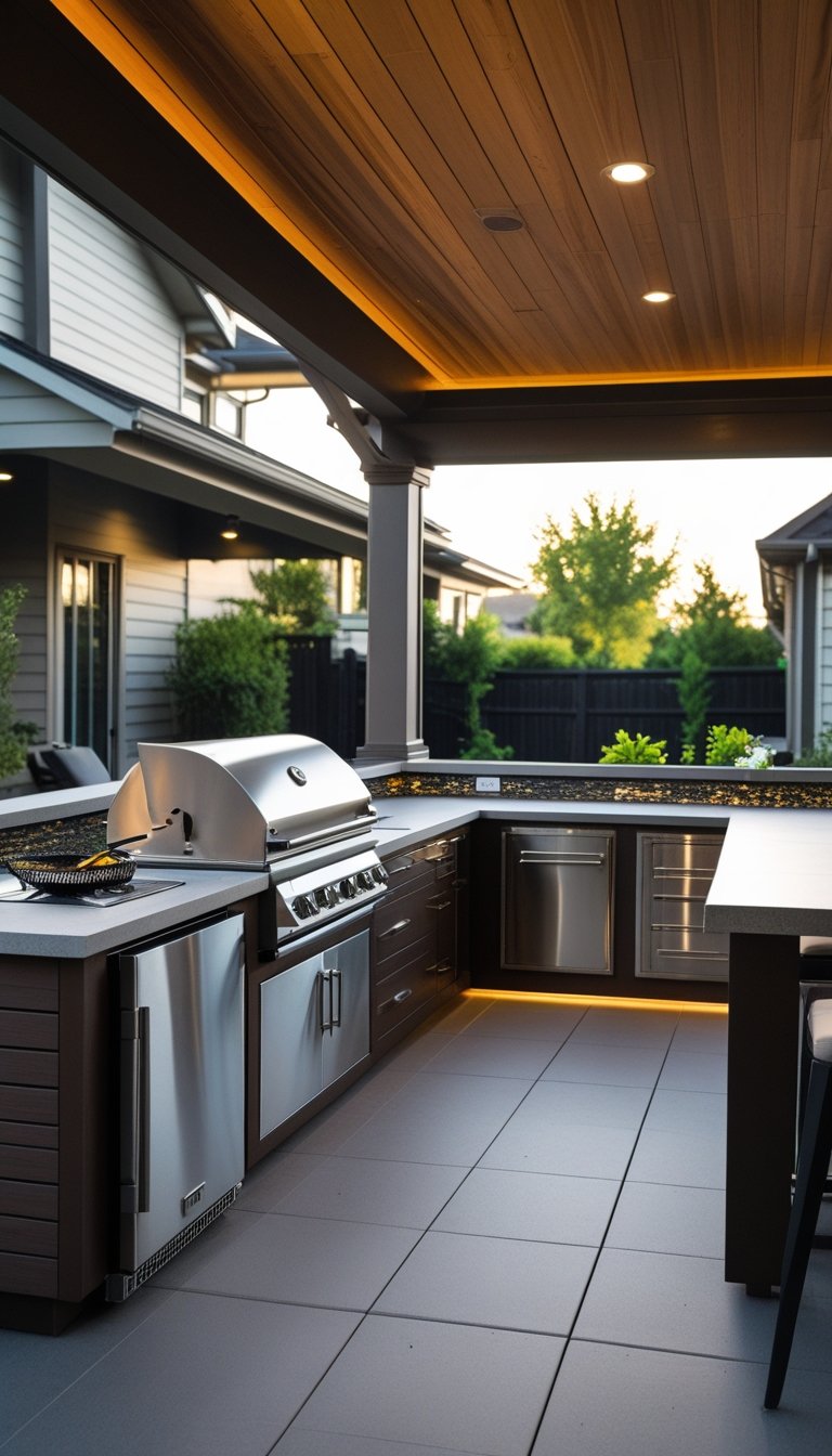 Outdoor kitchen under a covered deck at the back of a house with grill, countertop, and seating.