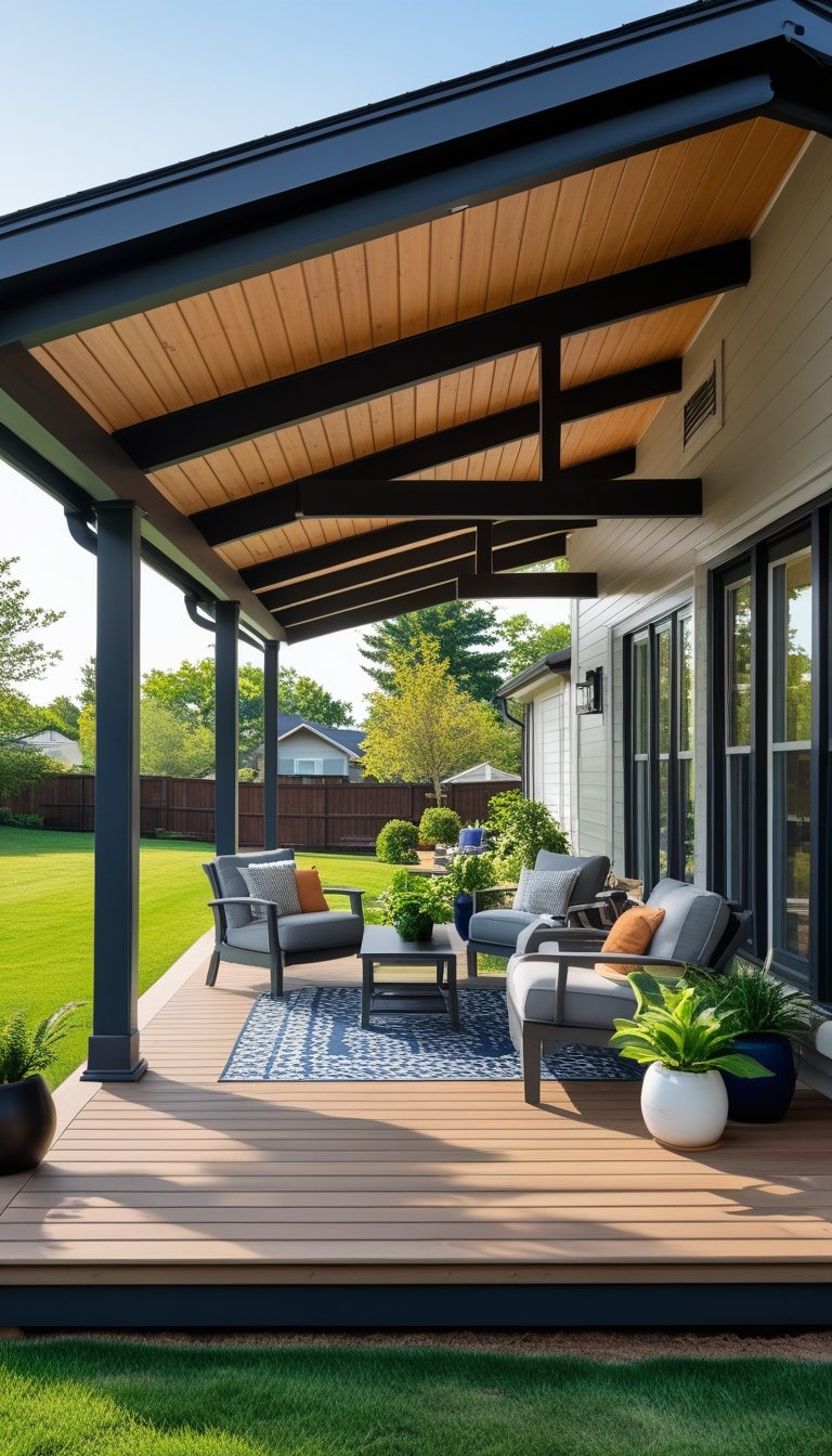 A covered wooden deck attached to the back of a house with outdoor furniture and a green backyard.