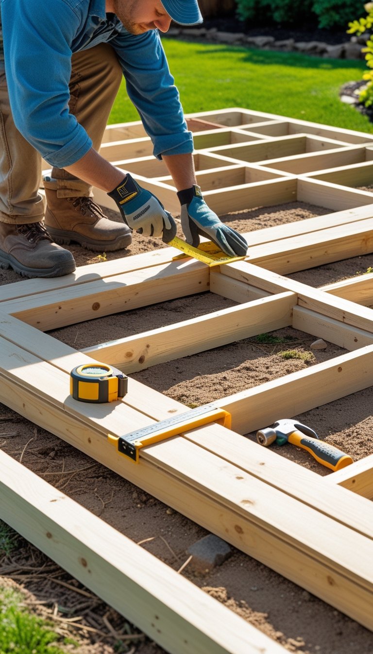 Person building a wooden deck on the ground in a backyard, measuring and arranging wooden boards with tools nearby.