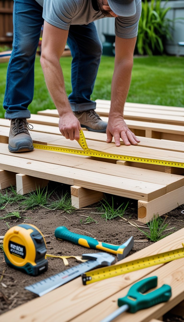 Person measuring wooden planks on the ground outdoors with deck building tools nearby.