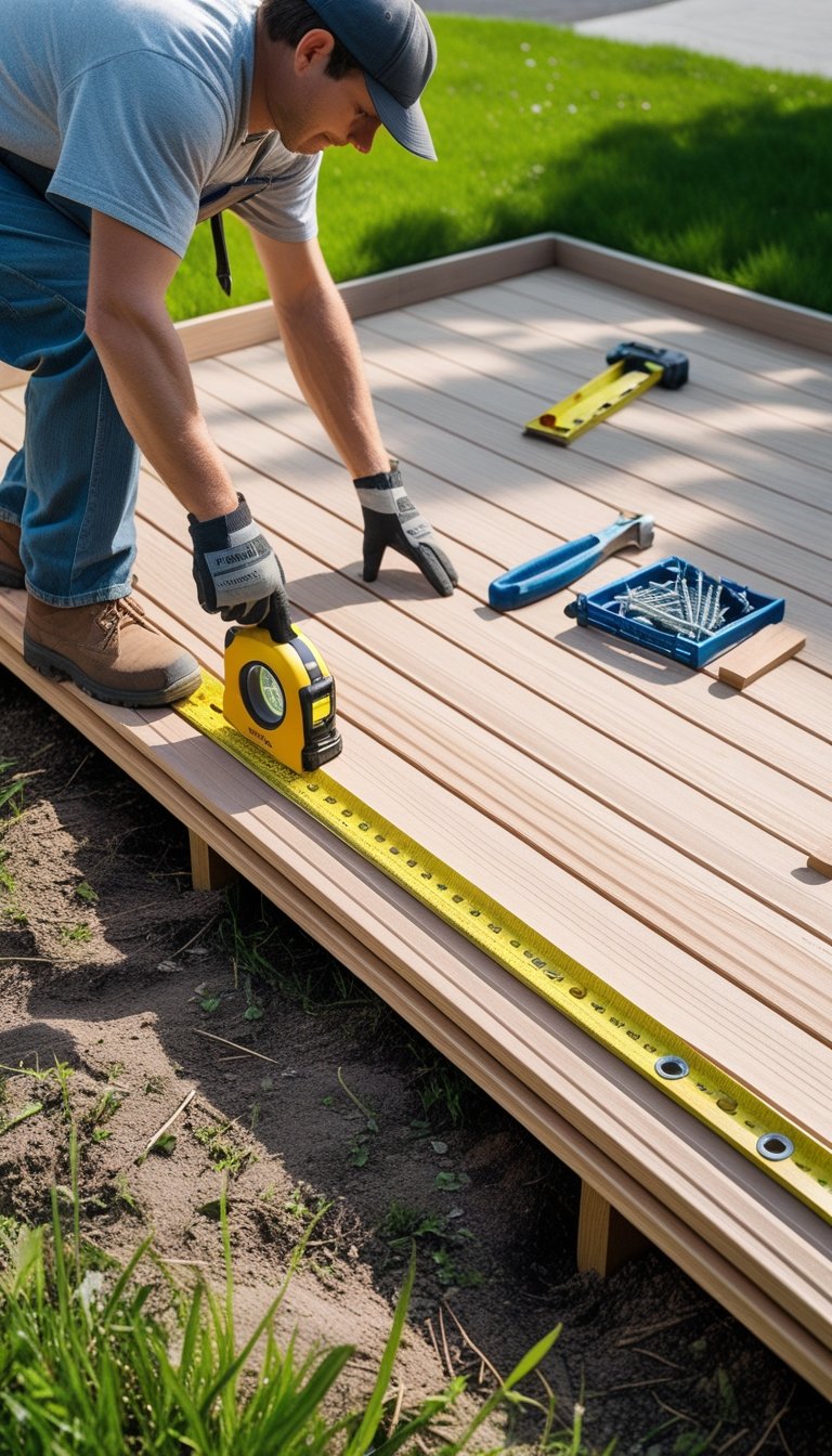 Person measuring and aligning wooden decking boards on flat ground outdoors with tools nearby.