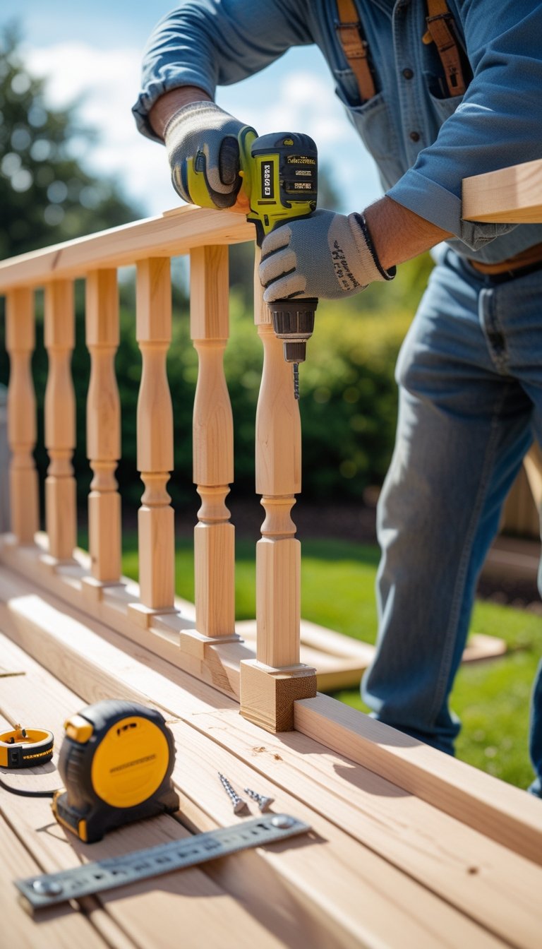 Hands using a power drill to build a wooden deck railing outdoors with tools nearby and a garden in the background.