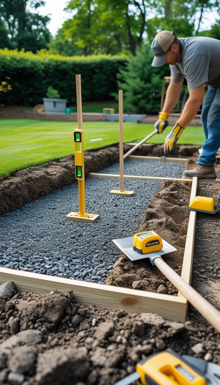 A person preparing the ground for building a deck, leveling soil with wooden stakes and construction tools nearby in a backyard.