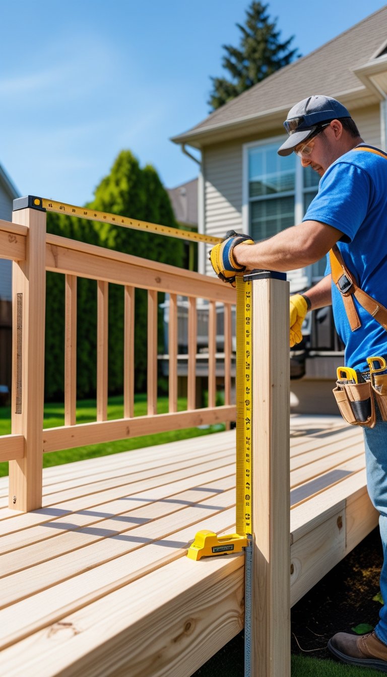 A carpenter measuring and installing a wooden deck railing outdoors in a backyard.