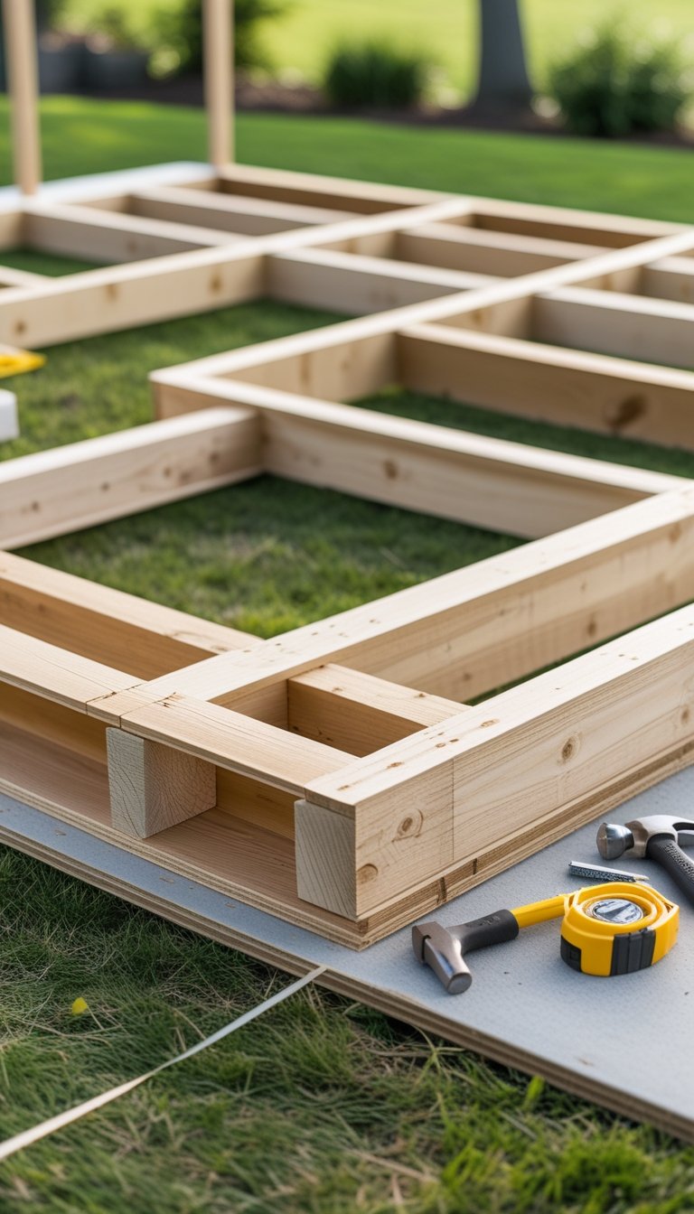 Wooden deck frame being assembled on the ground outdoors with tools nearby and grass in the background.
