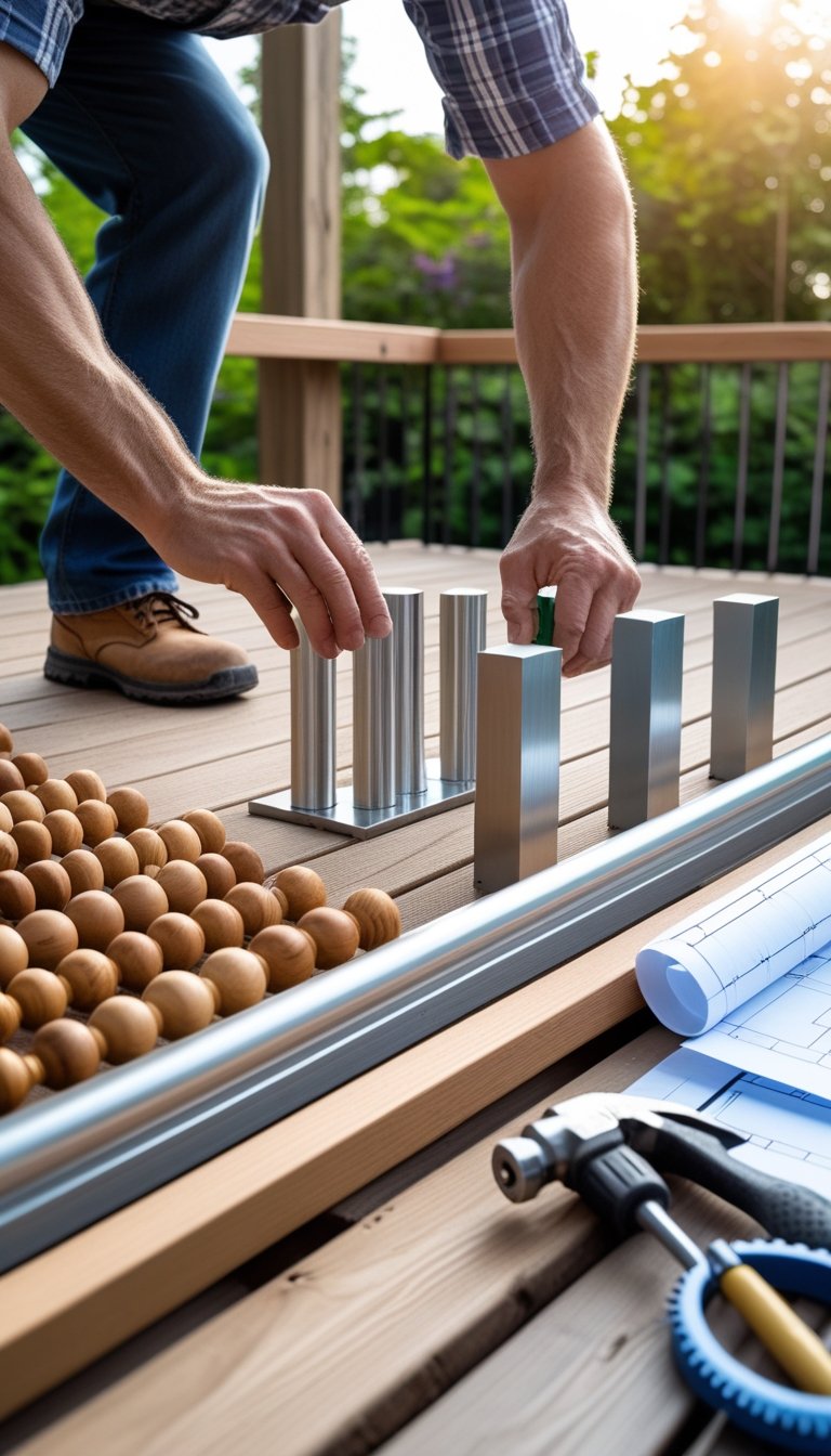 Hands selecting different deck railing materials with tools and a partially built deck railing in the background.