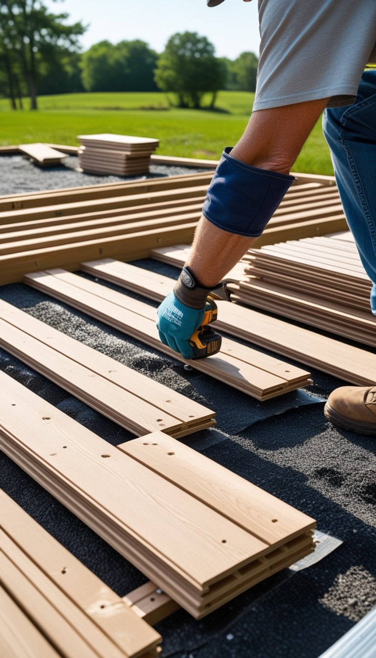 Hands installing wooden decking boards on a prepared ground surface with tools and construction materials nearby.