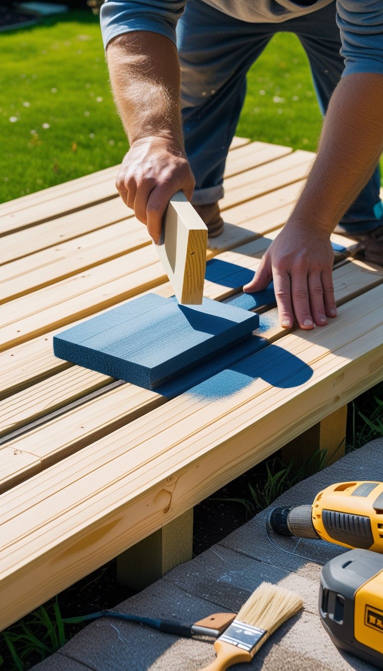Person applying finishing touches to a wooden deck on the ground in a backyard.