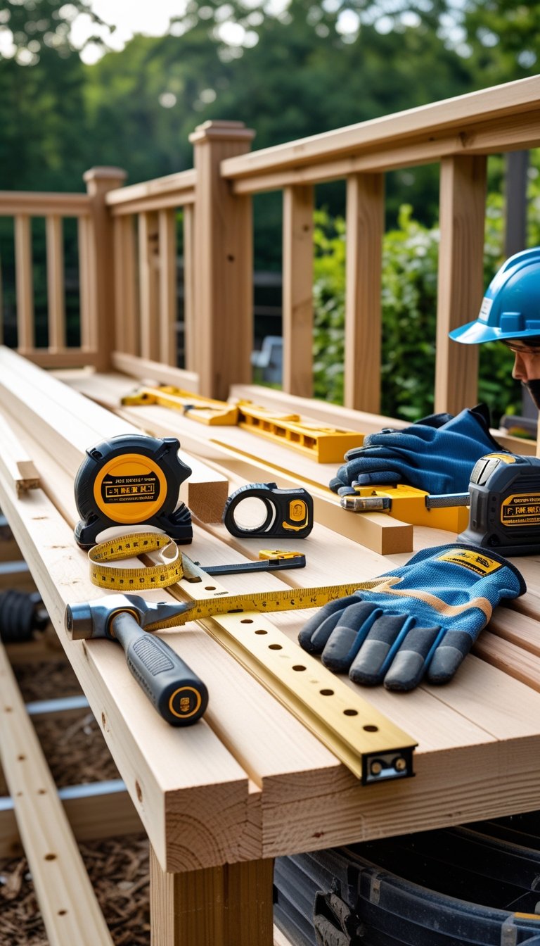 Outdoor workspace with tools and safety gear arranged on a wooden bench next to a partially built deck railing.